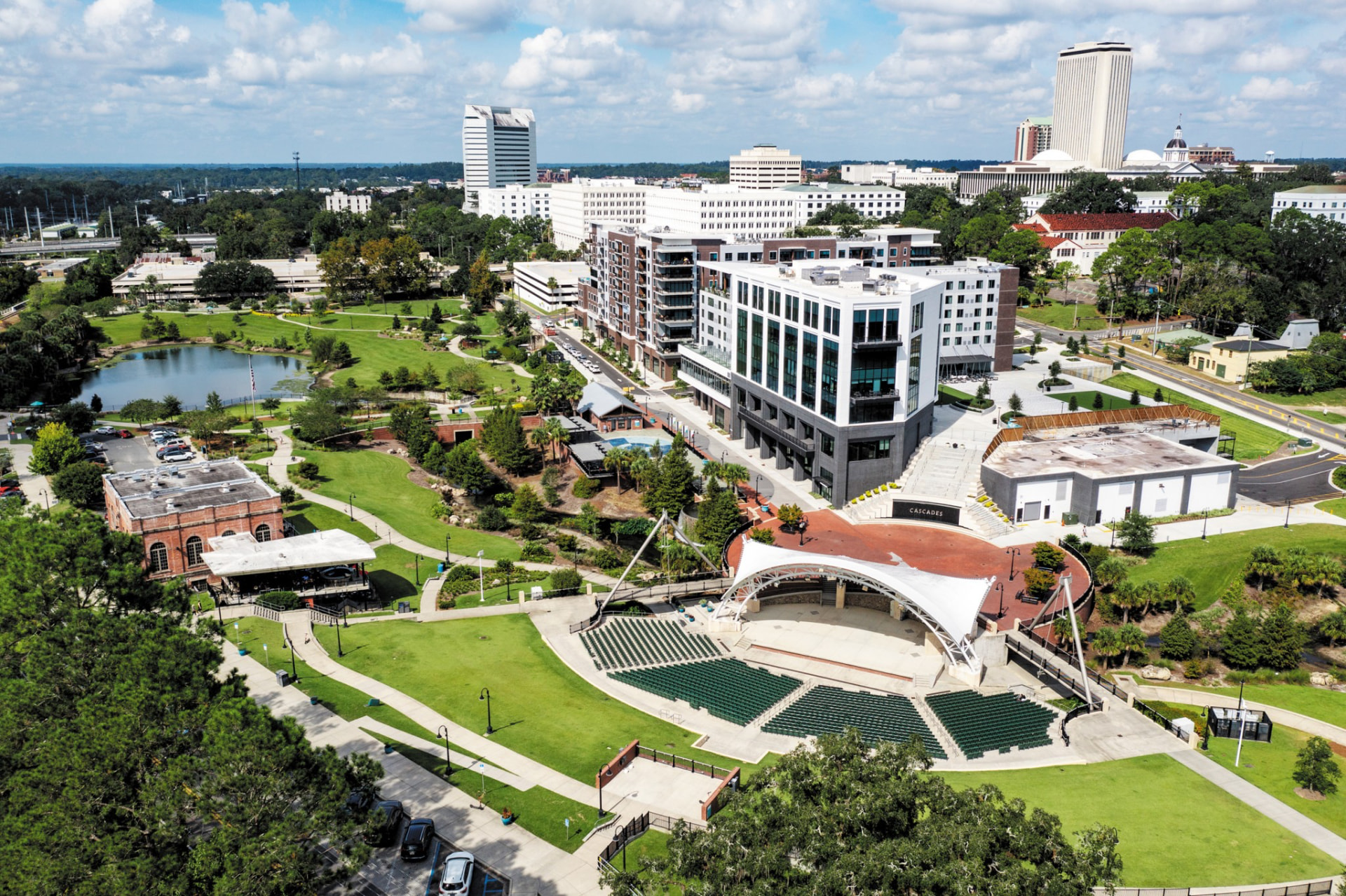 Tallahassee, Florida city view with the state capitol and Cascades Park