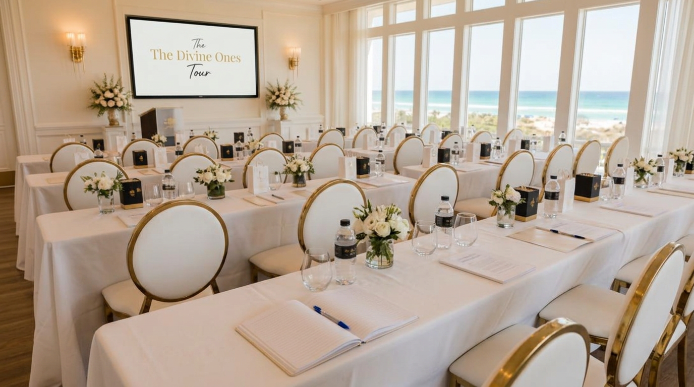 Women gathered in an elegant classroom-style session overlooking the Panama City Beach coastline
