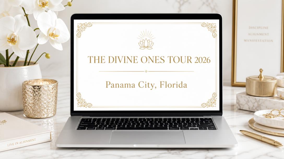Laptop screen reading The Divine Ones Tour 2026, Panama City, Florida